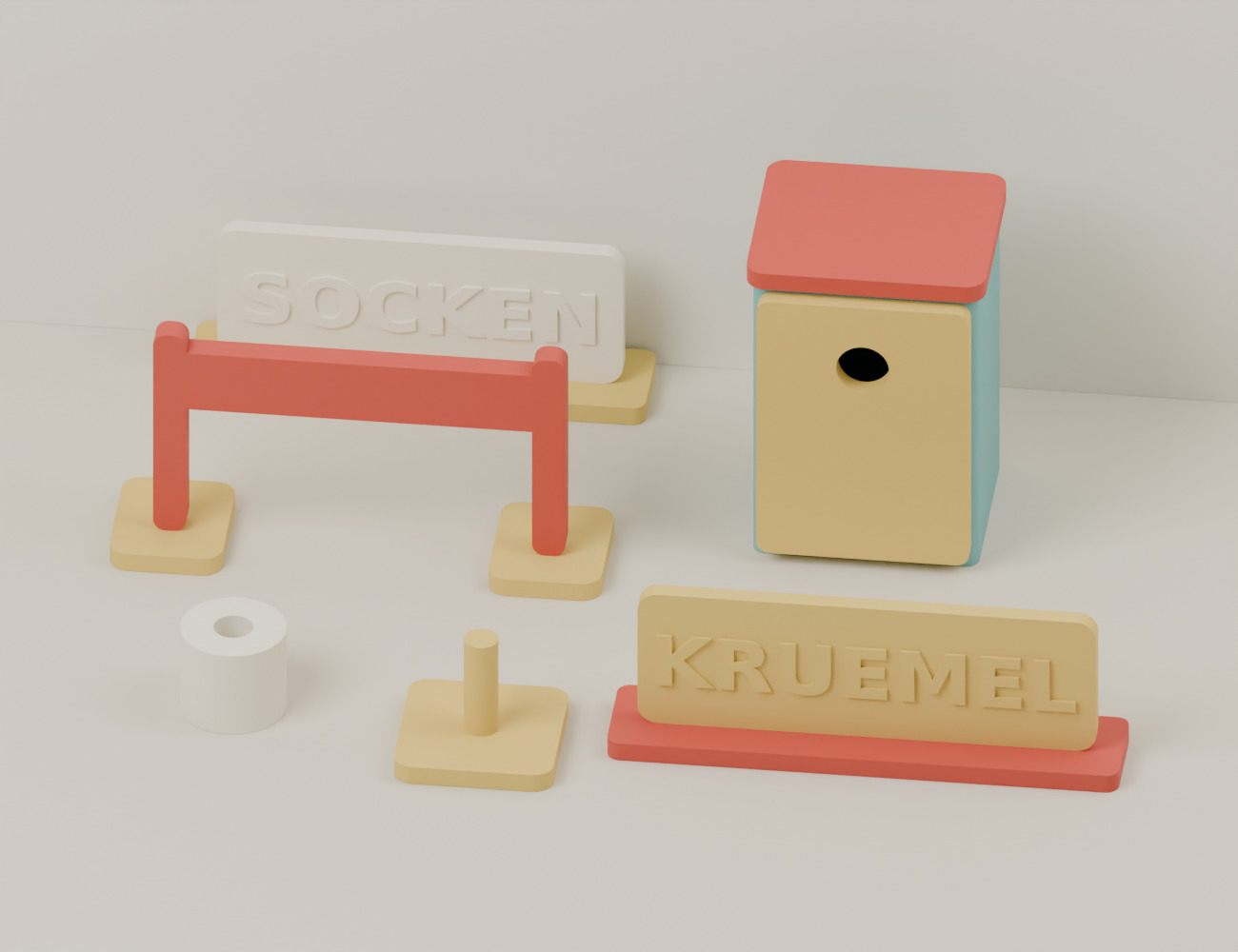 Miniatur-Absperrung, Warnschilder, Mini-WC und dekorative Papierrolle. CAD-Ansicht: Übersicht.