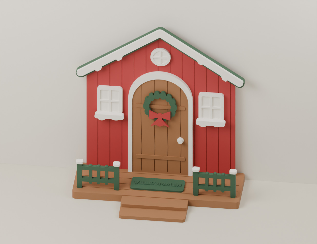 Rotes Winterhaus mit Rundbogentür, schneebedecktem Giebel und grünen Geländern. CAD-Ansicht: Übersicht.
