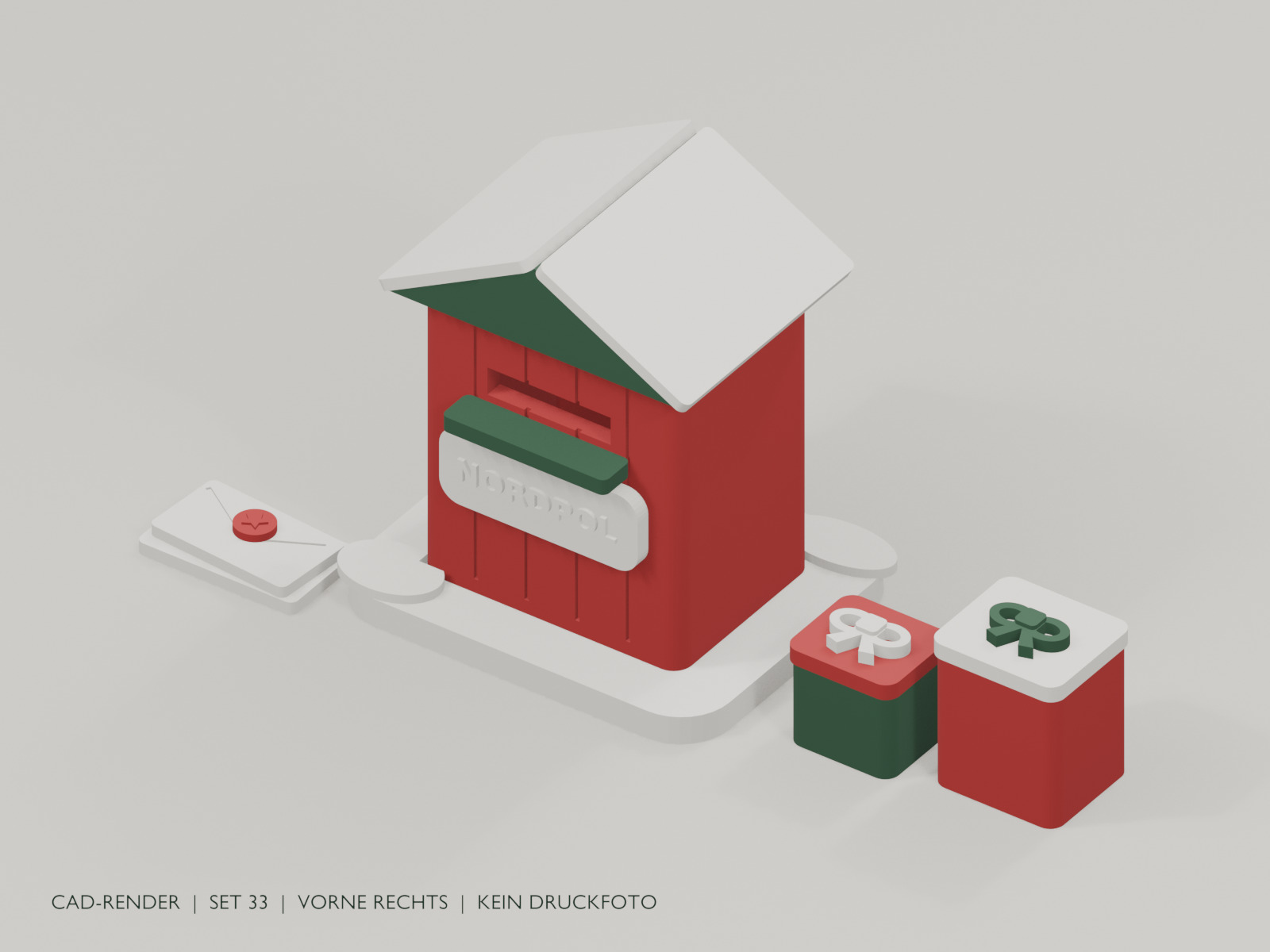 Rotes Nordpolpost-Haus mit verschneitem Dach, Briefablage und zwei Geschenkboxen. CAD-Ansicht: Vorne rechts.