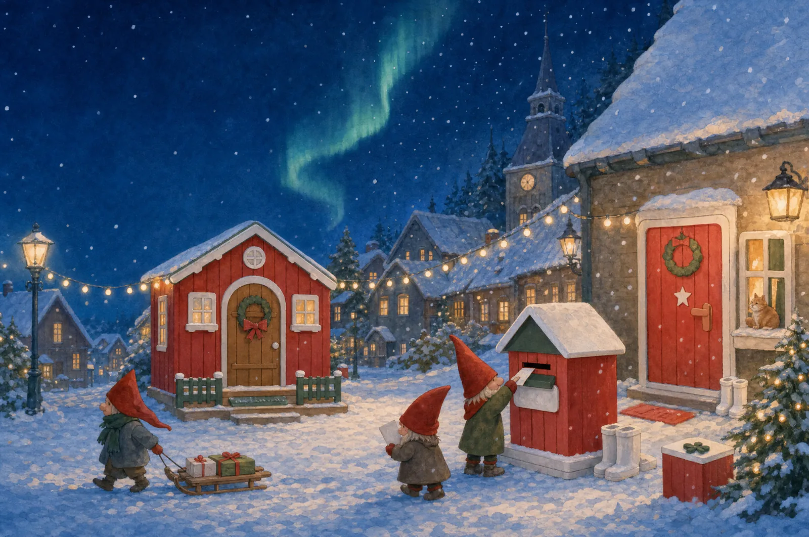 Illustration: a snowy village square at the blue hour with strings of lights, northern lights, the red winter house, the elf door and the post house, with gnomes carrying letters and a sled.