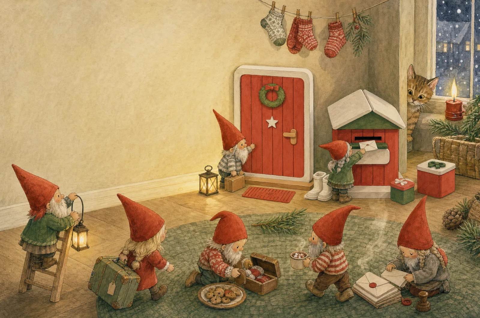 Illustration: an elf family moves into a living room behind a red elf door, with suitcases, a lantern, biscuits and a cat at the window.