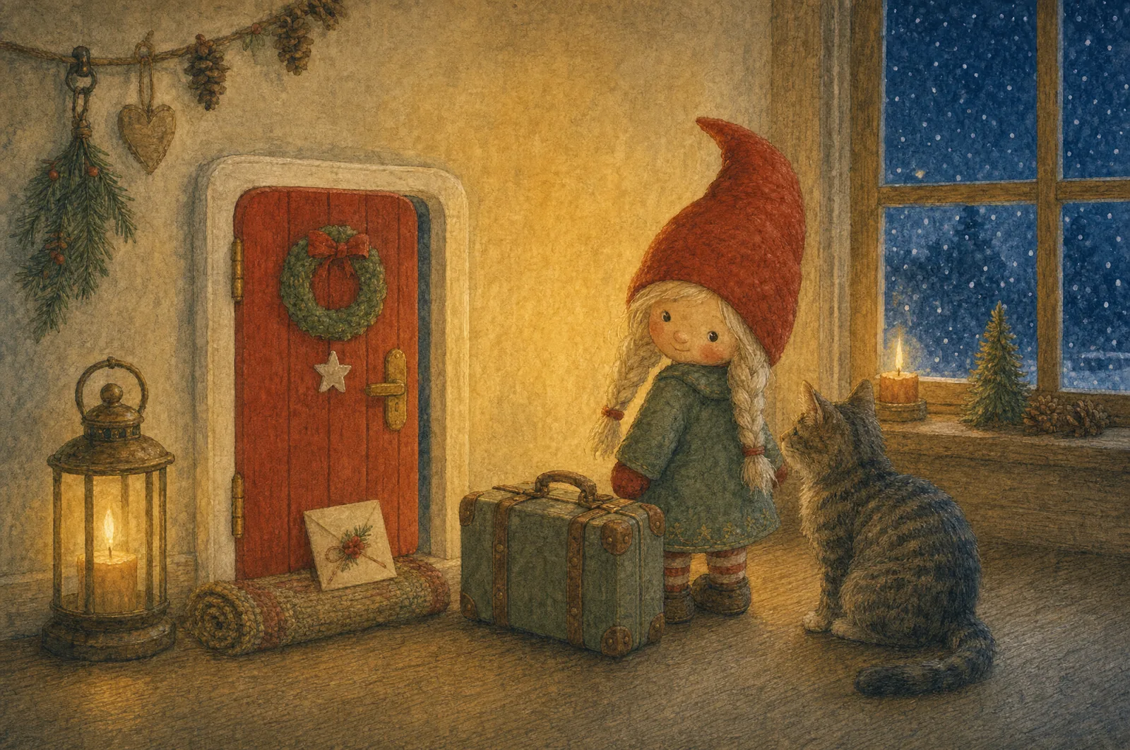 The evening before Christmas Eve in a quiet hallway: a small packed suitcase in front of the red door with its wreath, a lantern beside it, a rolled-up mat, a letter leaning against the door; a gnome girl with braids glances back over her shoulder with a soft smile, the striped cat close beside her.