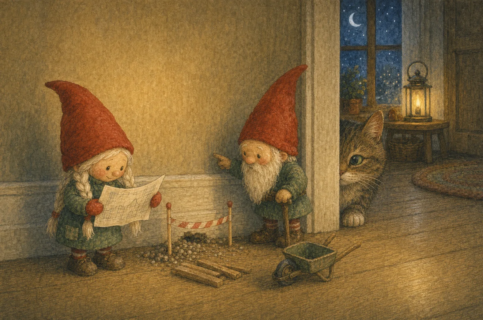 Night in a hallway: a tiny building site in front of the skirting board with warning tape, a wheelbarrow and planks; a gnome girl with braids studies a plan, an old gnome with a cane points at the wall, the cat peeks around the corner.