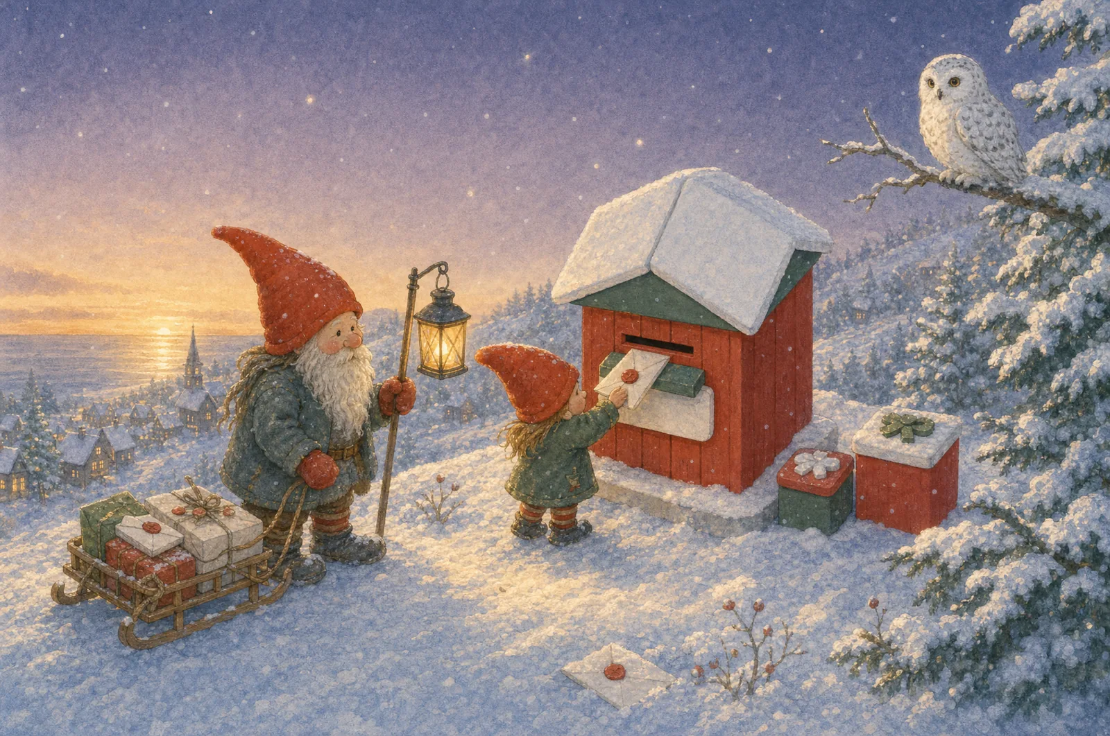 Illustration: an old postal elf with a lantern and a sled full of parcels and a small elf girl post a letter into the red North Pole post house at dusk while a snowy owl watches.