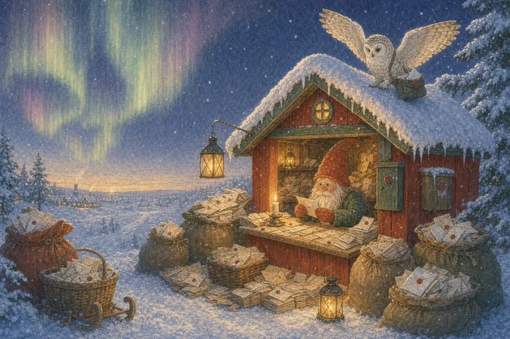 Nordpolposten om natten: et rødt posthus, sekker fulle av brev, lykter i snøen; en gammel postnisse sorterer i lyset fra et stearinlys, og en ugle brer ut vingene på taket.