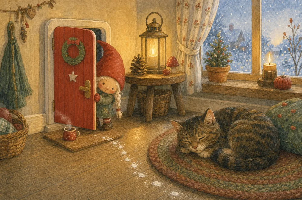 Illustration: Mille, a small elf girl with braids, looks out of the red elf door; outside the first snow falls, flour footprints lead to a sleeping cat.