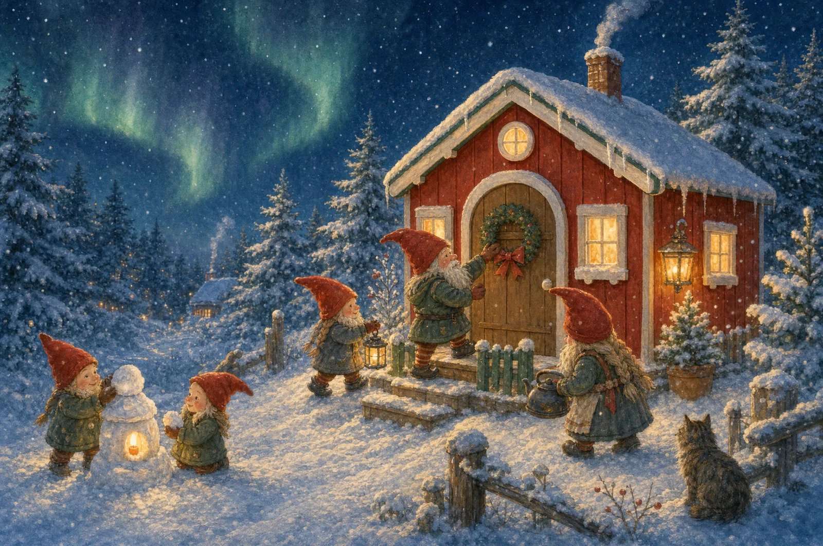 Illustration: Eine Wichtelfamilie mit Laternen vor dem roten Winterhaus mit Veranda und leuchtenden Fenstern; zwei Wichtelkinder bauen eine Schneelaterne, am Himmel steht ein Nordlicht.